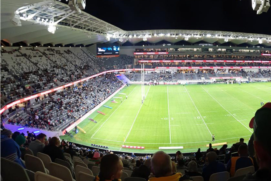 Image from inside the 30 thousand seat Bankwest stadium during the NRL Rugby League season looking at the southern goals from a wide angle to showcase stadium seating at the South and East