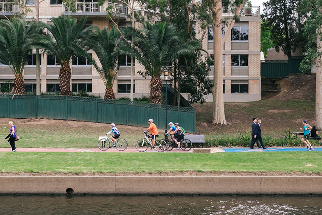 Cyclists and walkers on the river