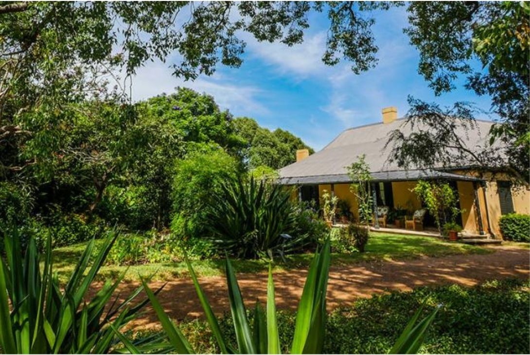 A rustic stone house surrounded by lush greenery under a bright blue sky. Tall trees and vibrant plants create a serene, natural atmosphere.
