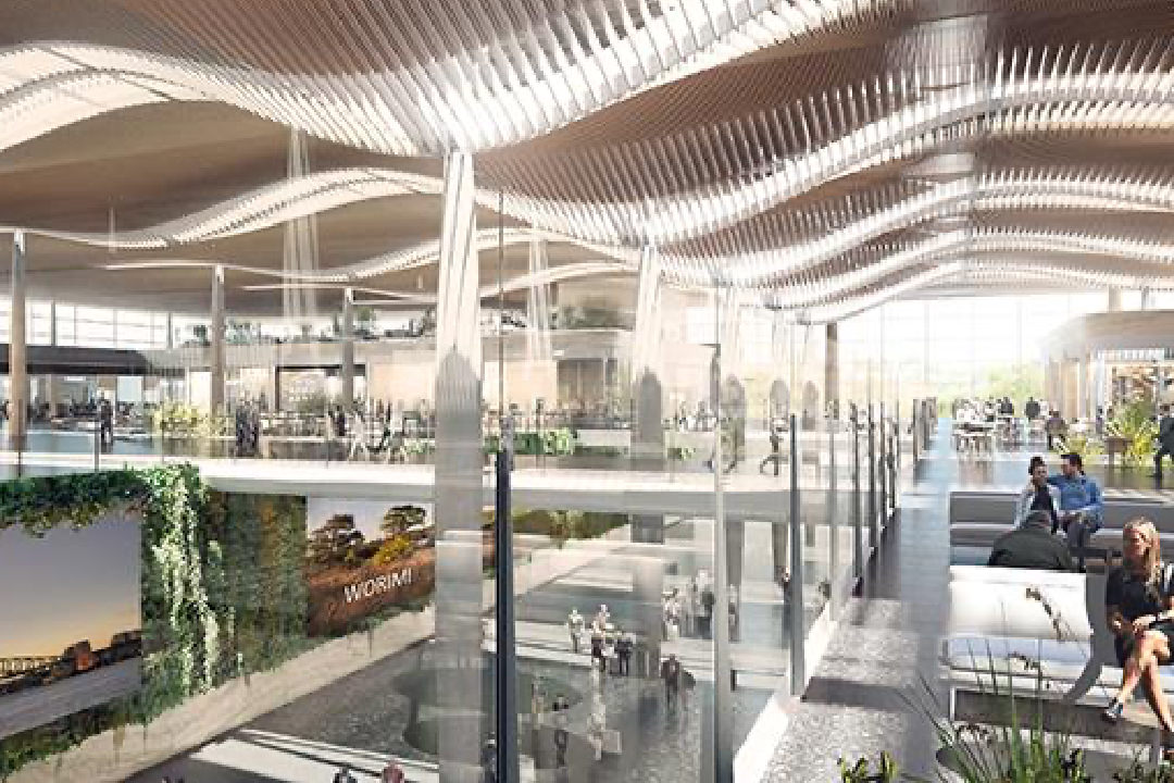 Interior terminal image of Western Sydney Aerotropolis Terminal as illustrated in an architect's rendering. 