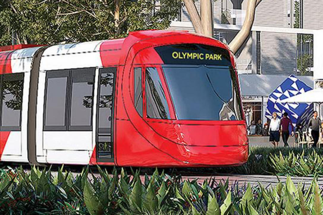 Artists Impression of Parramatta Light Rail Front Carriage Travelling Through Sydney Olympic Park