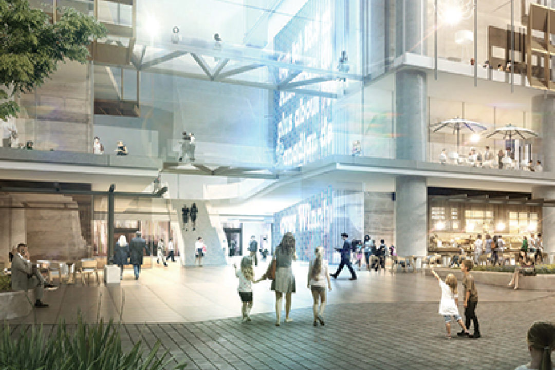 Architects rendering of the entry way to the transport interchange from Parramatta Square's public domain. Illustrated are business workers making their way to and from the transport interchange where they can access train and bus services. 