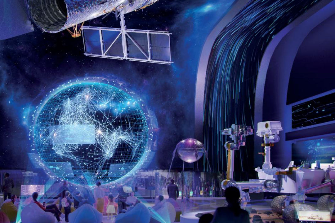 An architectural rendering of people mingling around the new Planetarium inside the Museum of Applied Arts and Sciences featuring a telescope and interactive displays designed to explore the universe