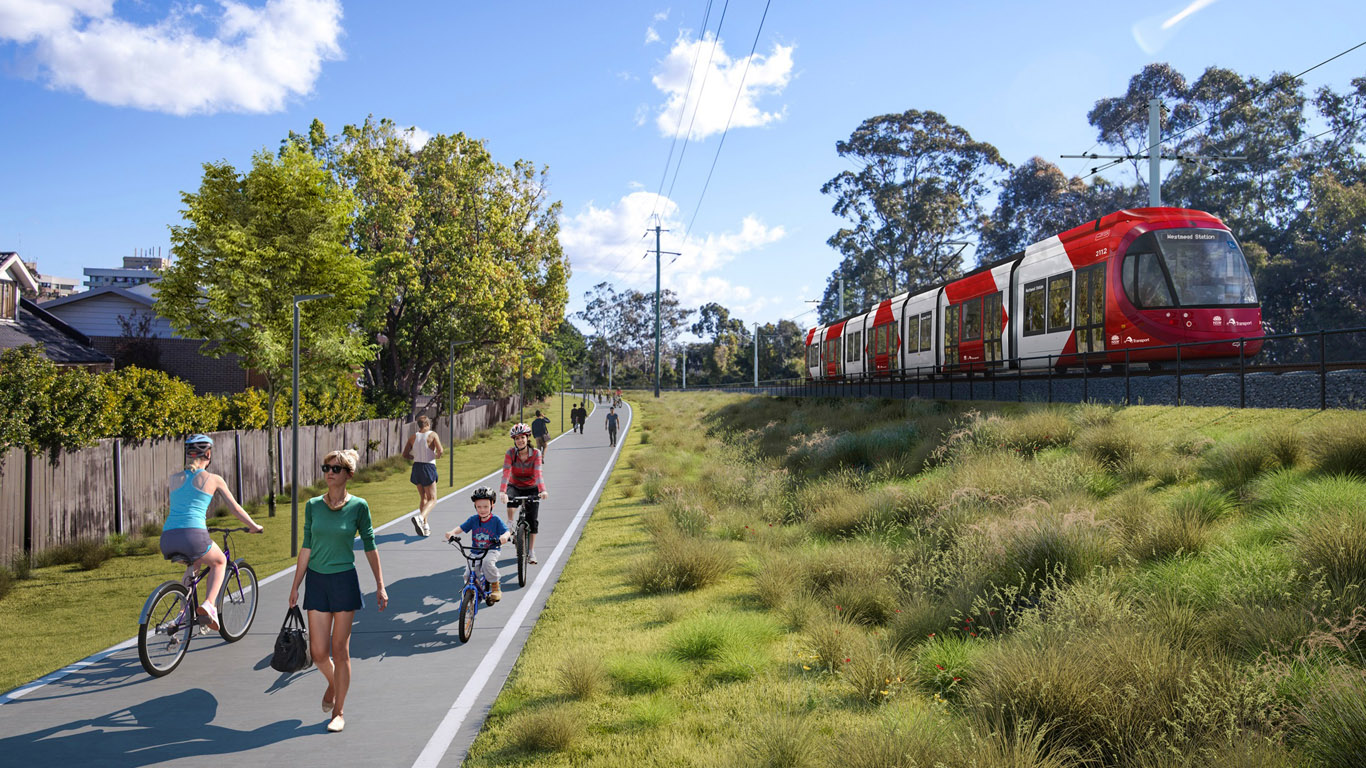 Architects rendering of new Parramatta Light Rail carriage running quietly alongside a recreational greenspace walking and cycling track with pedestrians exercising 