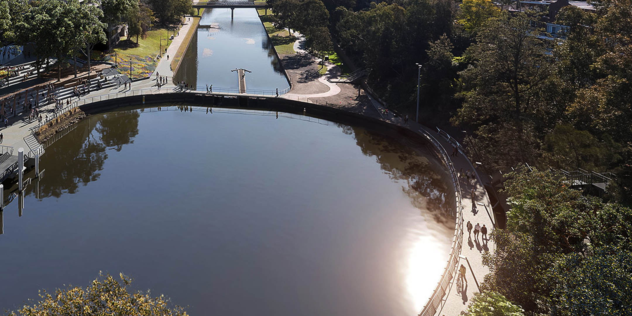 An aerial photograph of the Escarpment Boardwalk connecting both sides of the Parramatta River at the Ferry Wharf