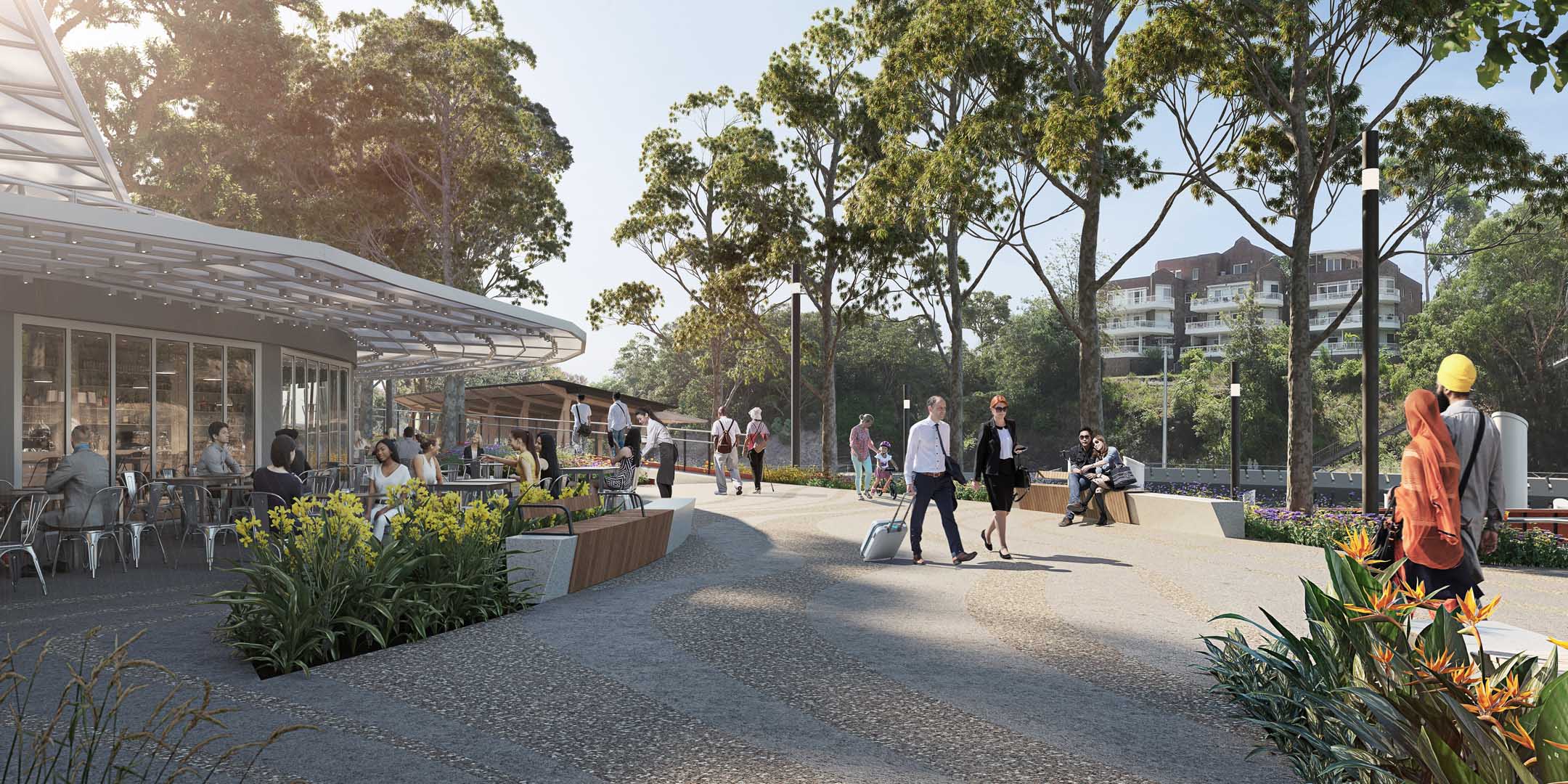 Architects rendering of walkers and dinners moving thru the cafe section of the new proposed Parramatta Quay overlooking the ferry terminal. 