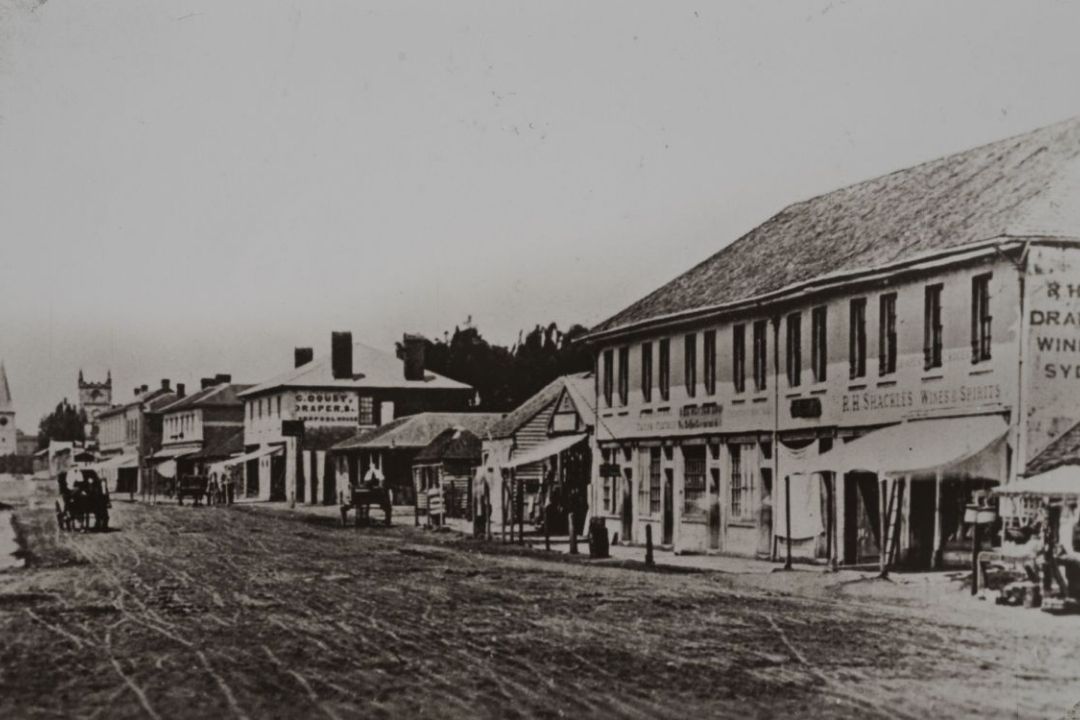 Black and white historical image of Church Street in Parramatta in 1861