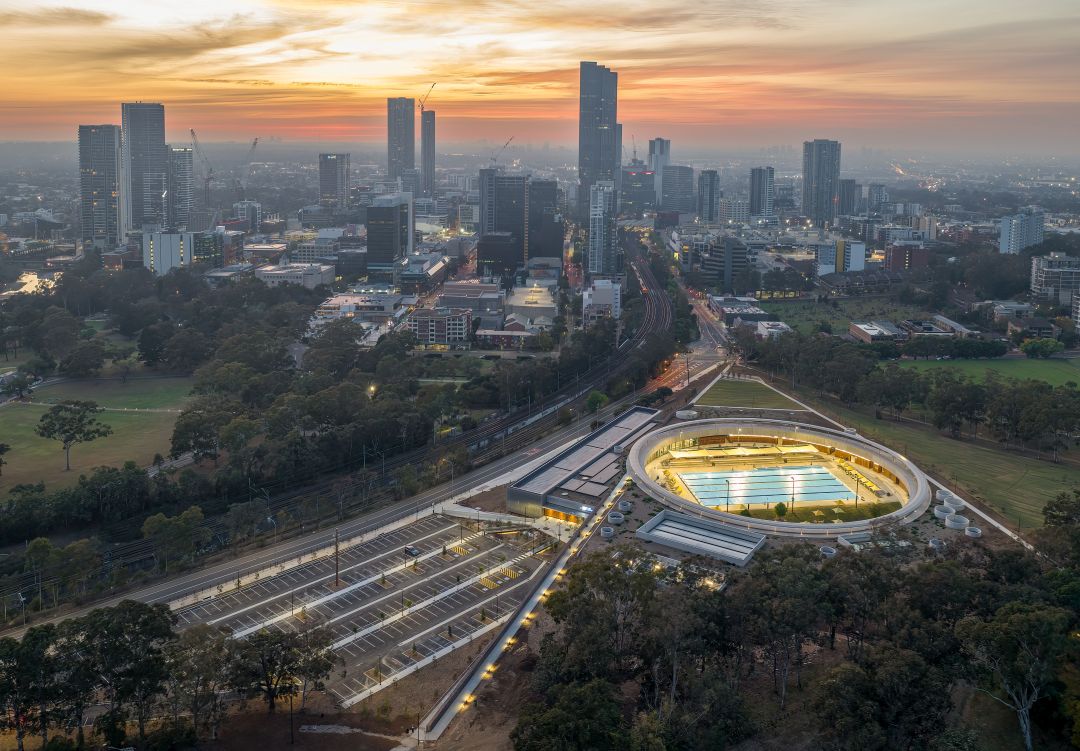 Aerial view of the Parramatta Aquatic Centre and the CBD
