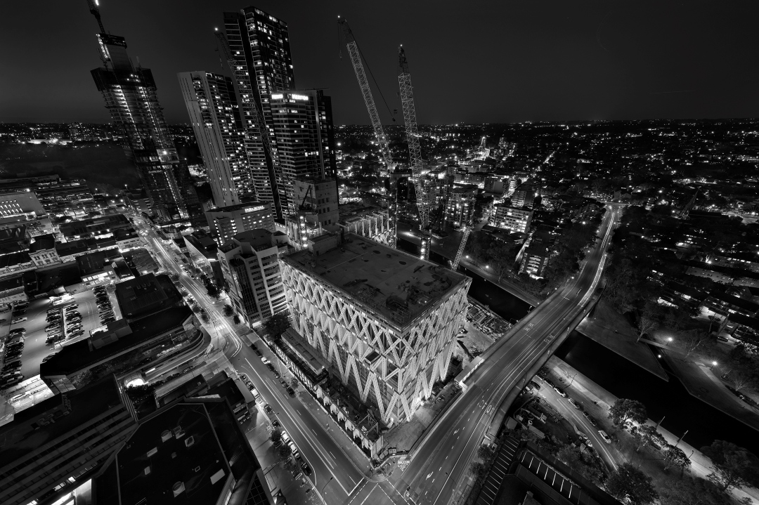 Aerial View of Powerhouse Museum in black and white