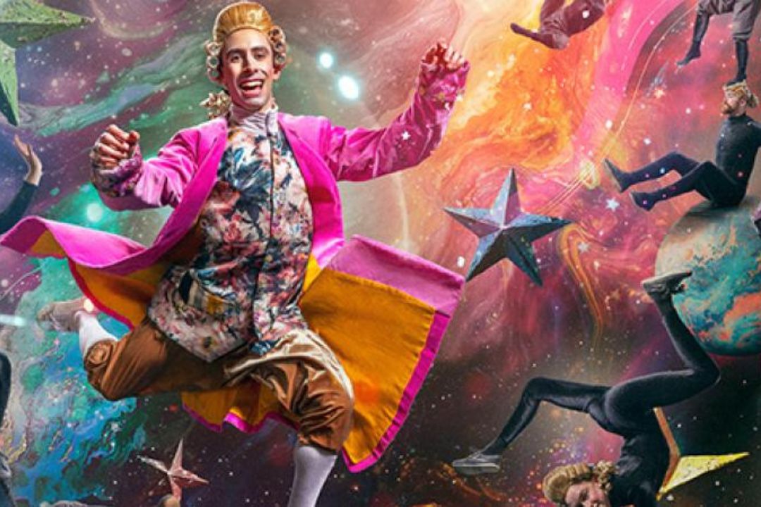 Man in a pink suit flying across space