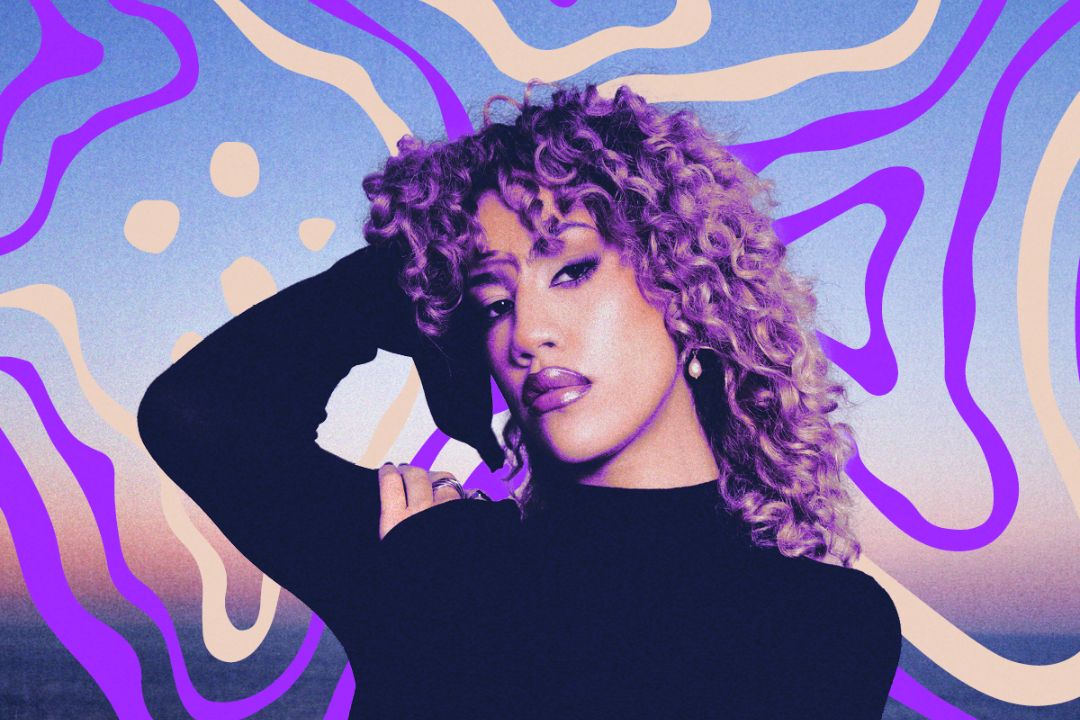 Photo of Bella Hatch with some purple lines behind her as artwork