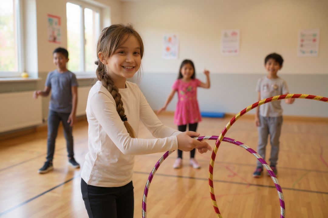 Girl smiling holding hula hoop