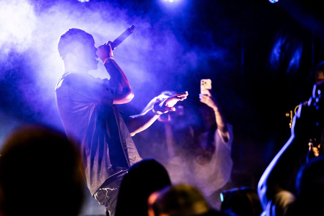 Singer on stage with microphone, bathed in blue and purple lights, reaches out to the crowd. Silhouetted hands of audience members visible, creating an energetic atmosphere.