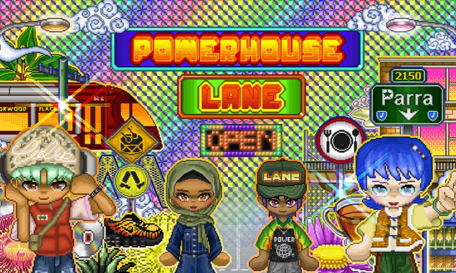 Colourful pixel art game menu featuring diverse characters, food stalls, a taxi, and road signs with a playful, nostalgic video game vibe.