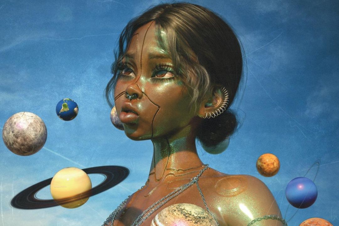 A celestial-themed digital artwork of a serene woman with metallic skin gazing upward. Planets orbit around her against a deep blue sky.