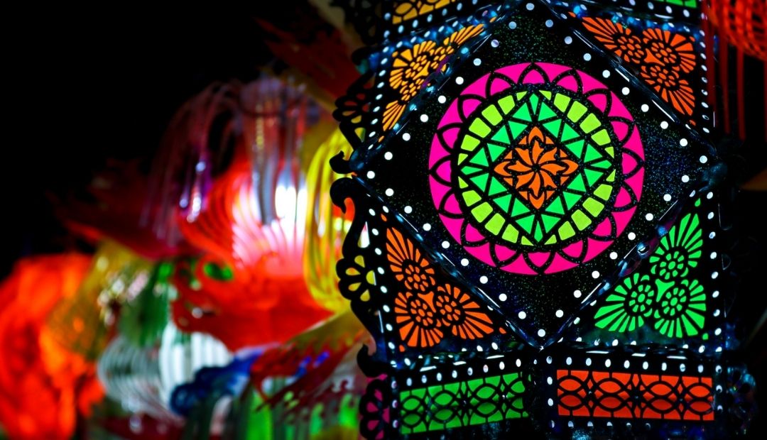 lanterns lit up in the dark