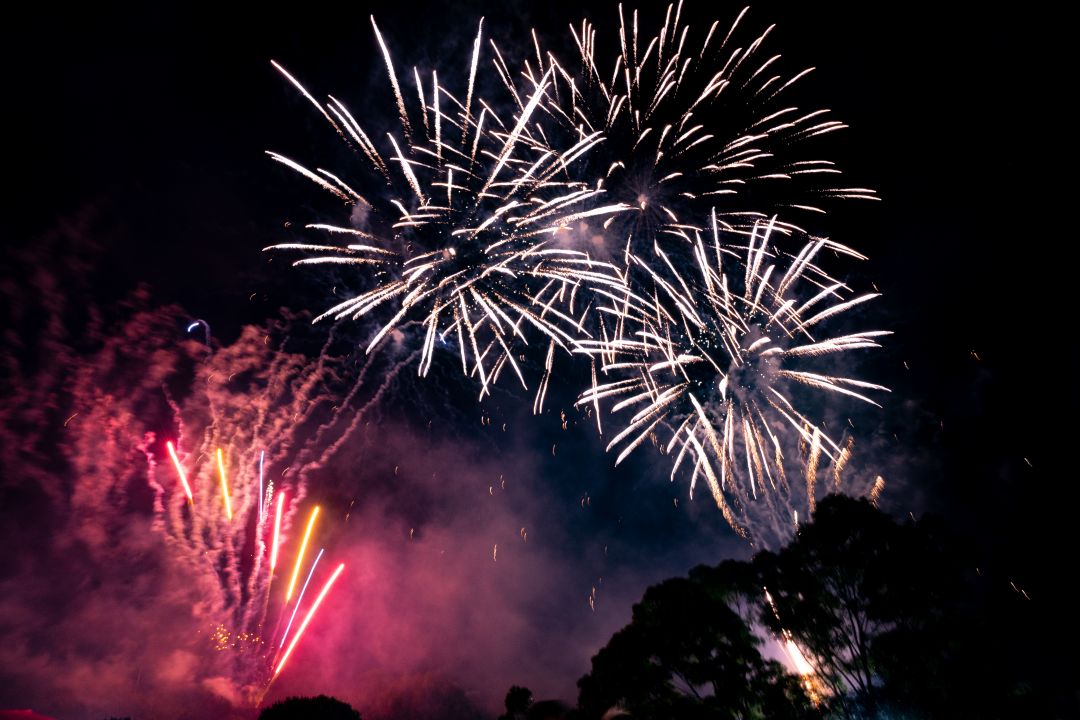 Vibrant fireworks explode against a night sky, displaying bursts of red and white. Silhouetted trees provide a peaceful contrast to the lively scene.