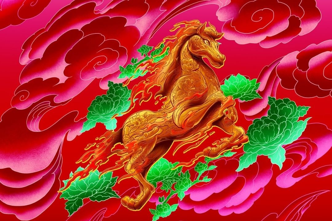 Red horse surrounded by vibrant red roses and green leaves on a rich red background conveys an energetic and dynamic artistic style.