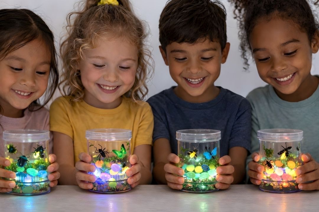 Four smiling children hold colourful glowing jars in a dimly lit room, conveying a sense of wonder and joy. The jars emit vibrant green, blue, and orange lights.