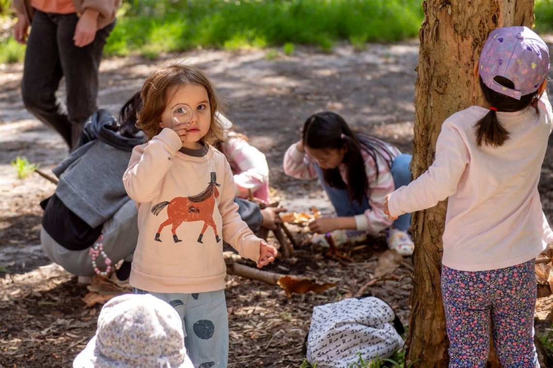 Children enjoy playing outdoors, smiling and sharing a joyful moment. One child holds a pinecone. The setting is a sunlit forest area with scattered leaves.