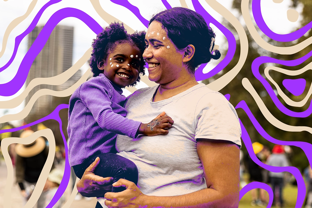 A woman joyfully holds a smiling child outdoors, both wearing casual clothes. Abstract purple and white swirls in the background add a whimsical touch.