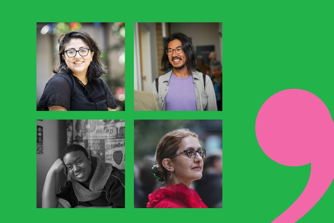 Four portraits of diverse women are arranged on a green background with a large pink comma. Each woman appears confident and content.