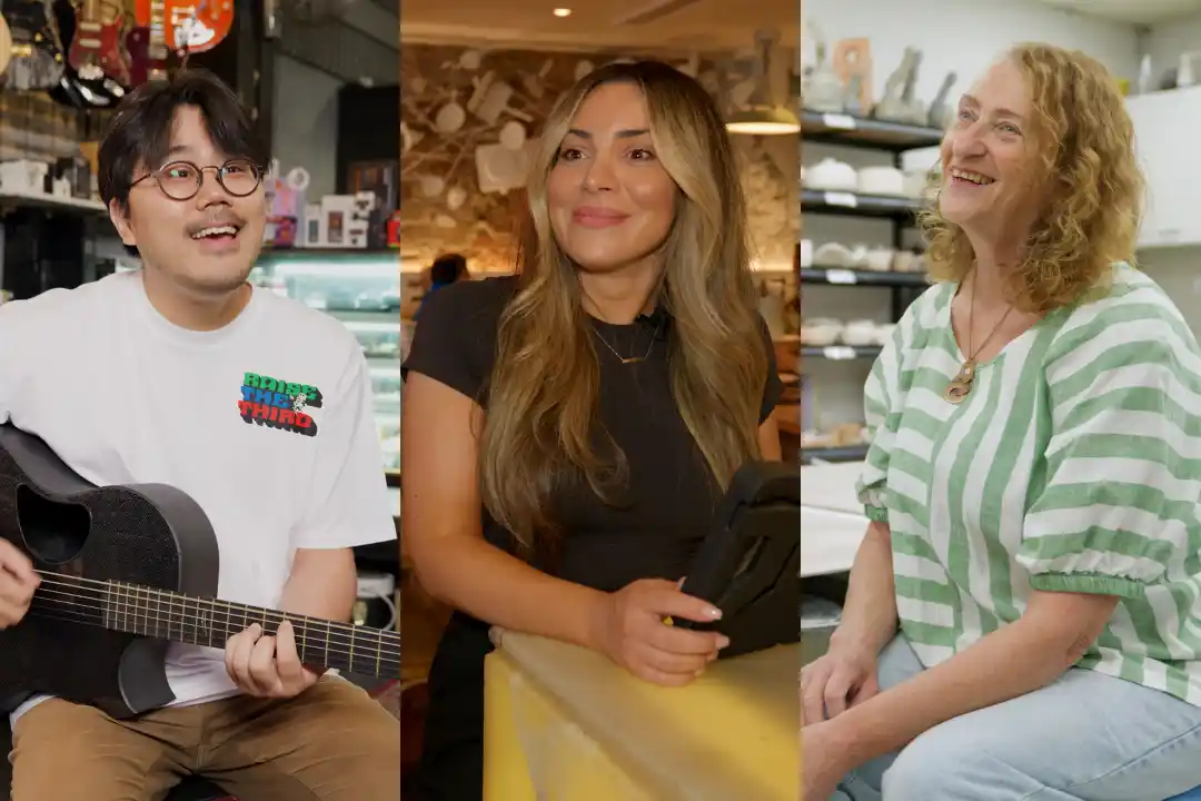 A triptych image features three people. Left: A man strums a guitar in a music store. Center: A woman with long hair smiles while holding a tablet. Right: A woman with curly hair laughs in a pottery studio.
