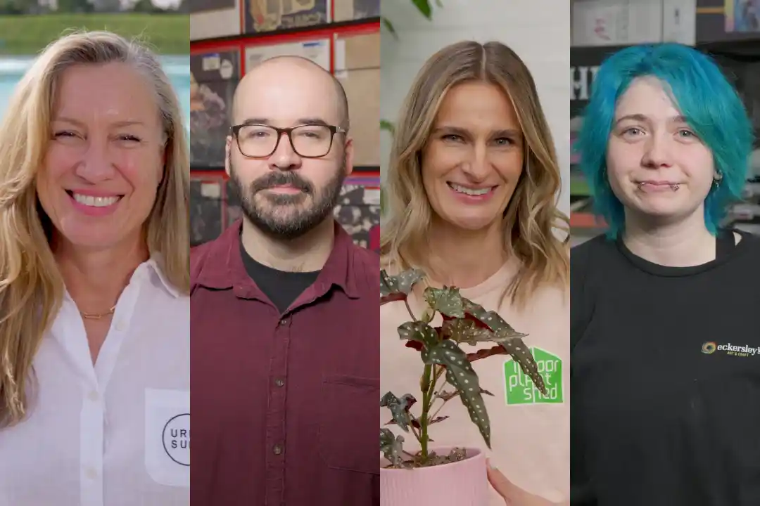 A collage of four diverse individuals smiling. From left to right: a woman in a white shirt, a man with glasses, a woman holding a plant, and a woman with blue hair.