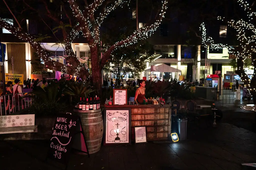 Outdoor night event features a rustic bar set up under trees adorned with fairy lights. A person stands behind a counter, surrounded by bottles and a sign advertising wine and cocktails.