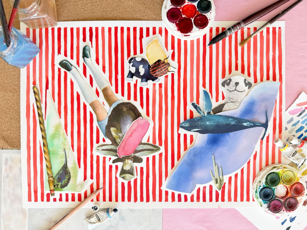 Overhead view of a colourful mixed-media artwork featuring magazine cut-outs, painted red stripes, watercolour elements and collage images of animals and plants.