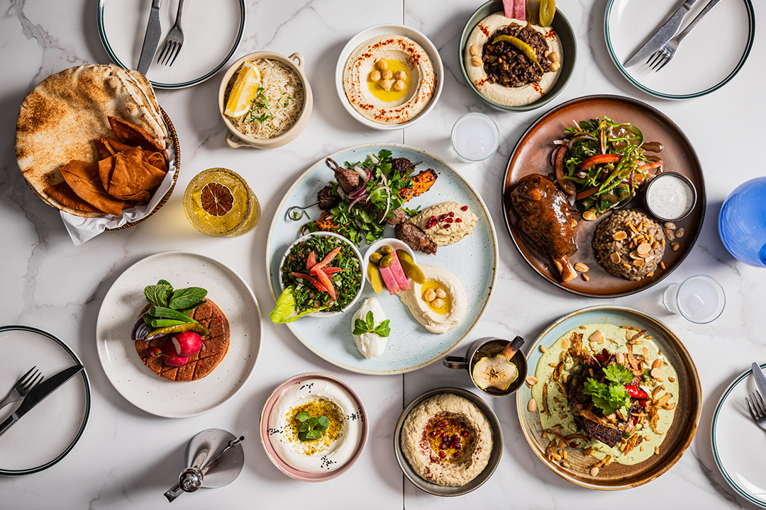 Overhead view of a colourful Middle Eastern feast with hummus, flatbread, salads, grilled meats, and rice on a white table, inviting and abundant.