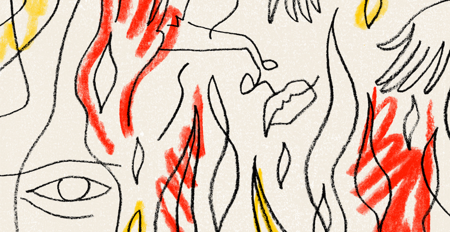 Abstract artwork with black lines, and red and yellow streaks
