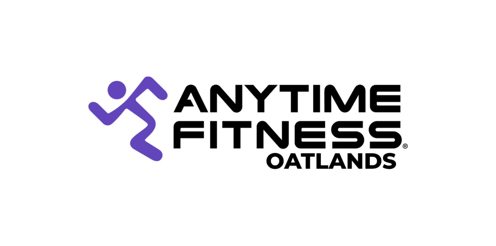 Anytime Fitness Oatlands logo on a white background, featuring a purple running figure beside bold black lettering; the design feels energetic and welcoming.