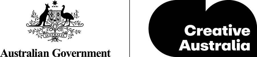 Logos of the Australian Government and Creative Australia. The left features a kangaroo and emu with a shield; the right has bold text in a black shape.