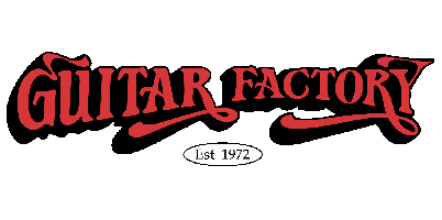 "Logo with 'Guitar Factory' in bold red, stylized text on black background. Below, a white oval contains 'Est 1972,' conveying a classic, retro vibe."