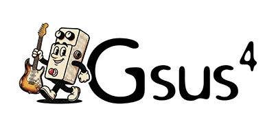 Cartoon of a smiling guitar pedal character walking with a guitar. Text reads "Gsus⁴" in bold, playful font. Fun and musical theme.