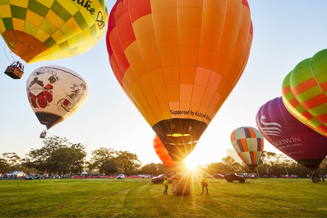 Hot air balloons in the air before a sunrise