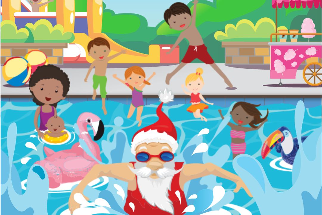 Cartoon of Santa and children in pool
