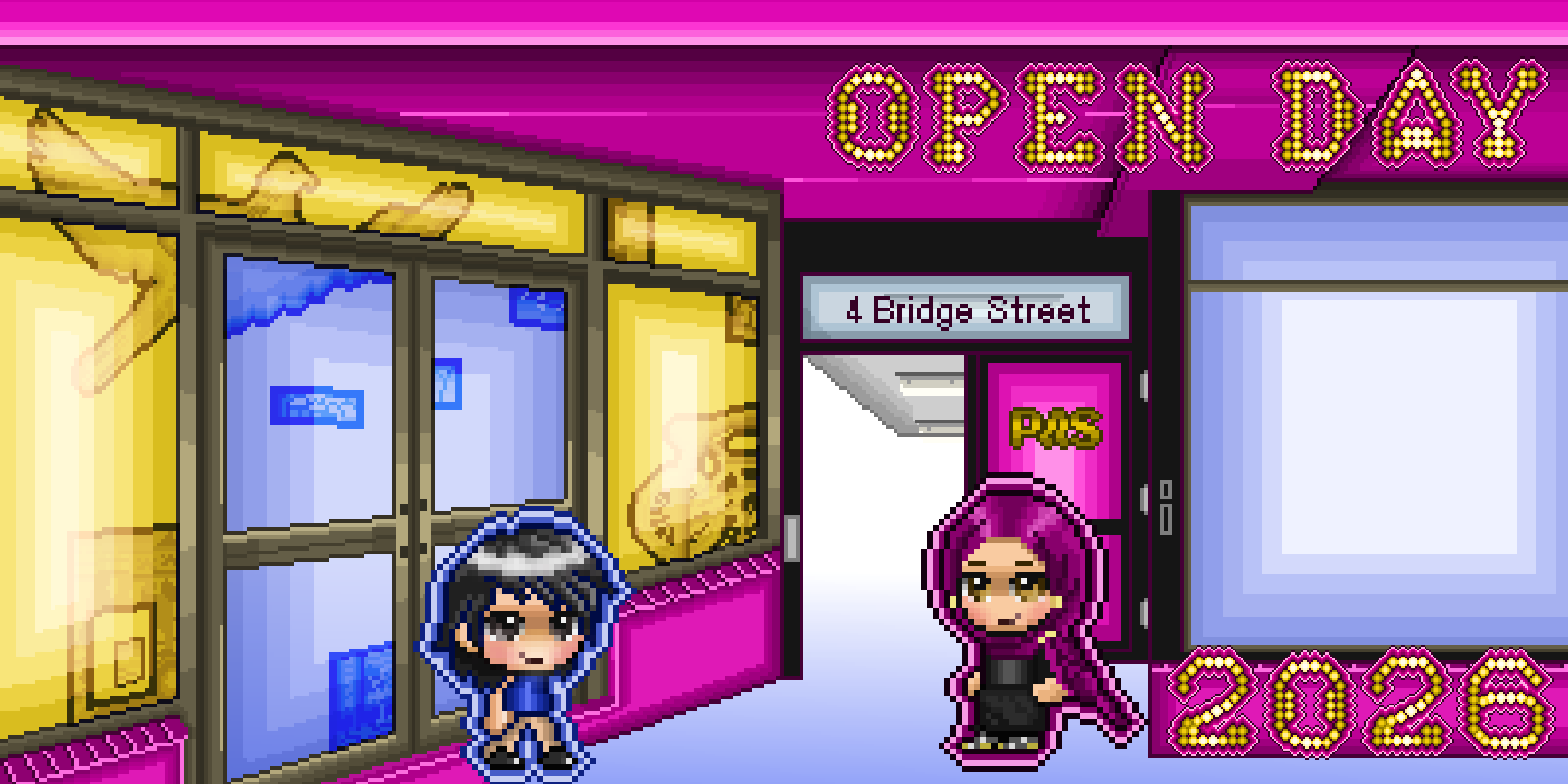 Pixel art scene of two people in hoodies outside a brightly lit building with signs reading "OPEN DAY," "4 Bridge Street," "PAS," and "2026.
