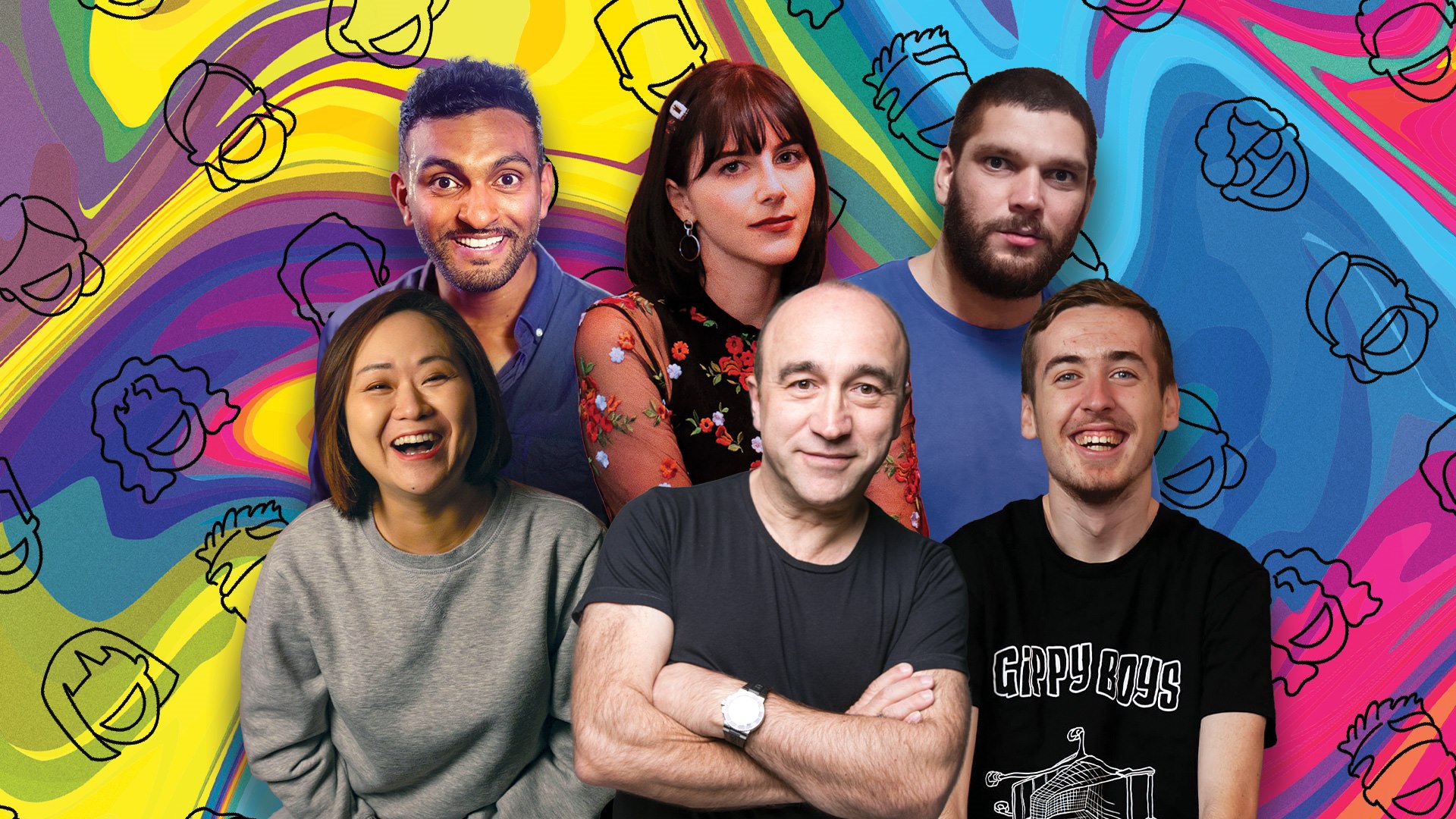 Promotional banner featuiring headshots of 6 comedians