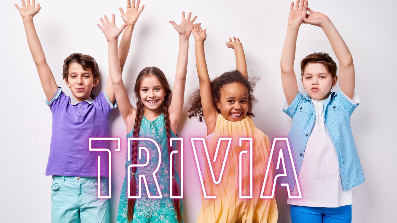 Two boys and two girls with hands in the air and the word Trivia in front of them
