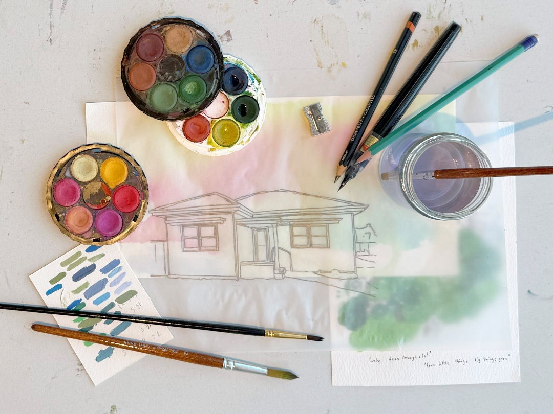 Watercolour paints brushes and images