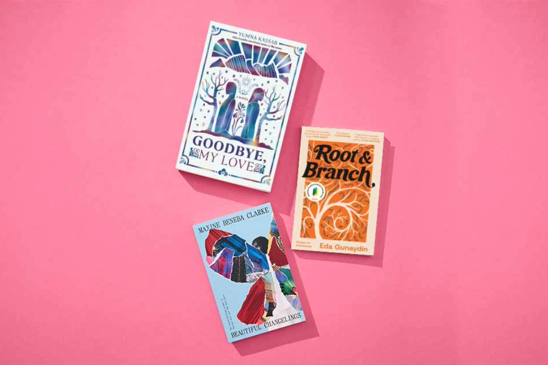 pink background featuring three books