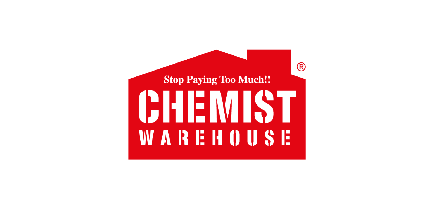Red Chemist Warehouse logo on a white background, featuring bold white lettering and the slogan “Stop Paying Too Much!” for a value-focused tone.