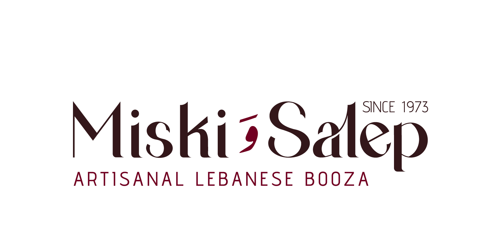 Logo for Mishki Salep, featuring elegant burgundy lettering, “Since 1973,” and the tagline “Artisanal Lebanese Booza” on a white background.