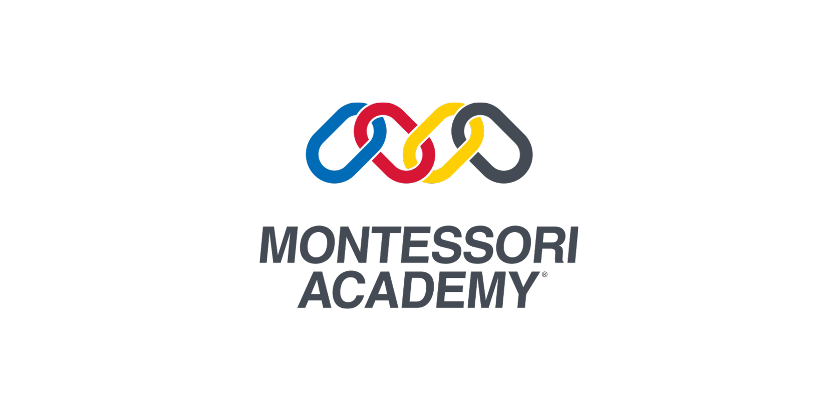 Montessori Academy logo with four interlocking loops in blue, red, yellow, and gray above bold gray text reading “MONTESSORI ACADEMY.”