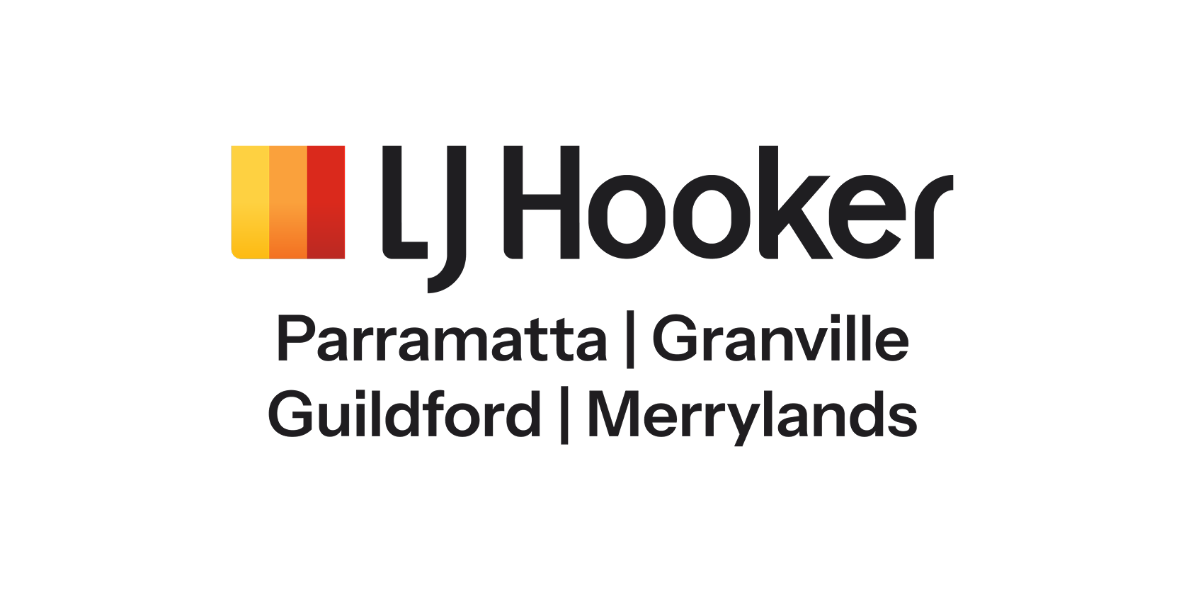 LJ Hooker real estate logo with a yellow, orange, and red icon, followed by “Parramatta | Granville” and “Guildford | Merrylands.”