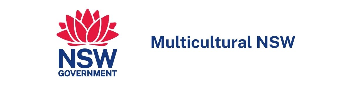 NSW Government logo with a red stylized waratah beside dark blue text reading “Multicultural NSW” on a white background.