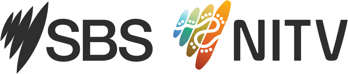 Logos of SBS and NITV. SBS features bold black letters with a striped emblem, while NITV displays colorful stylized hands intertwined.