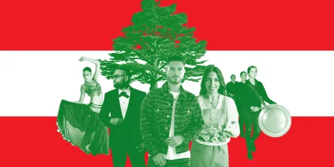 Green-tinted collage of people, a family, and a drummer beneath a large cedar tree, set against Lebanon’s red-and-white flag; a proud, celebratory scene.